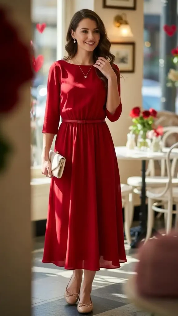 classic-red-midi-dress-with-ballet-flats