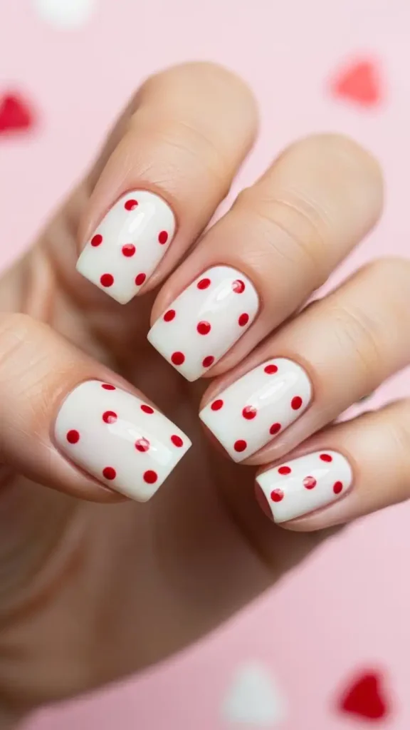 creamy-white-nails-with-red-polka-dots