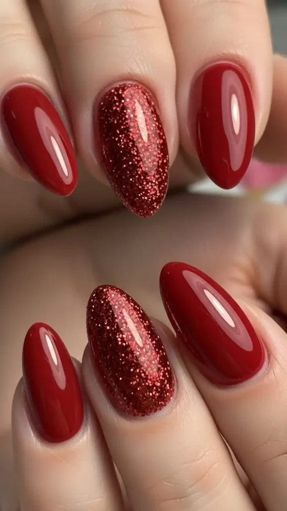 glittery-red-accent-nail-look