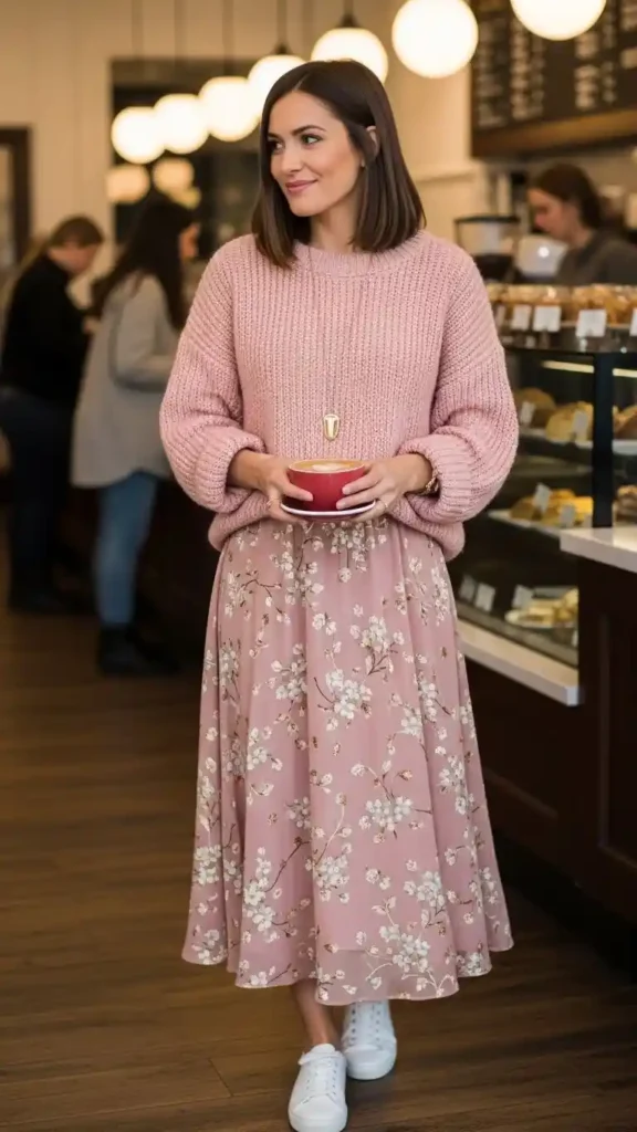 pink-sweater-and-midi-skirt