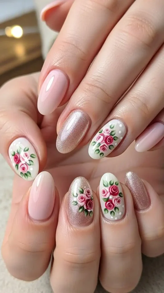 tiny-rose-floral-accent-nails