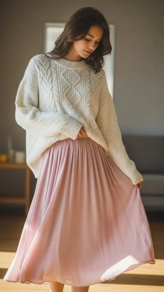 white-sweater-with-pink-skirt