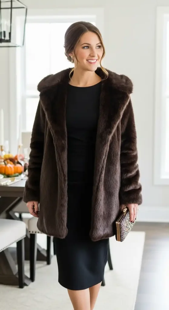 black-dress-layered-with-a-faux-fur-coat