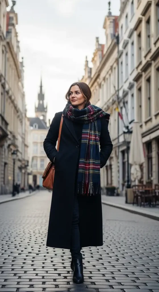 black-maxi-coat-with-plaid-scarf