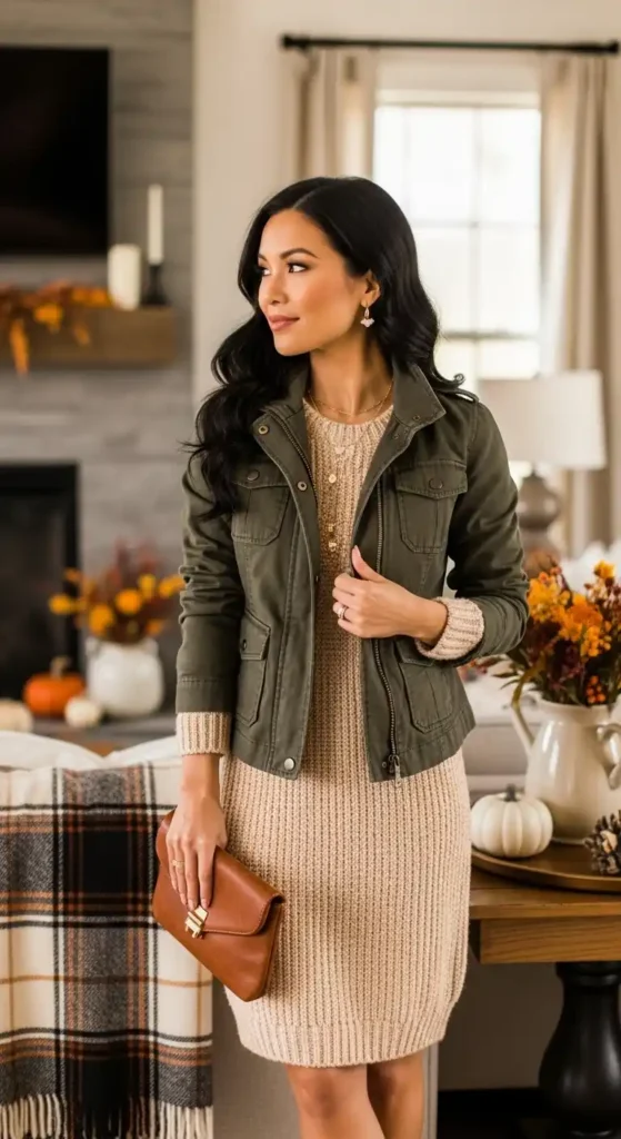 knit-dress-styled-with-an-olive-jacket