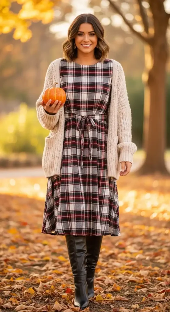 plaid-dress-styled-with-knee-high-boots