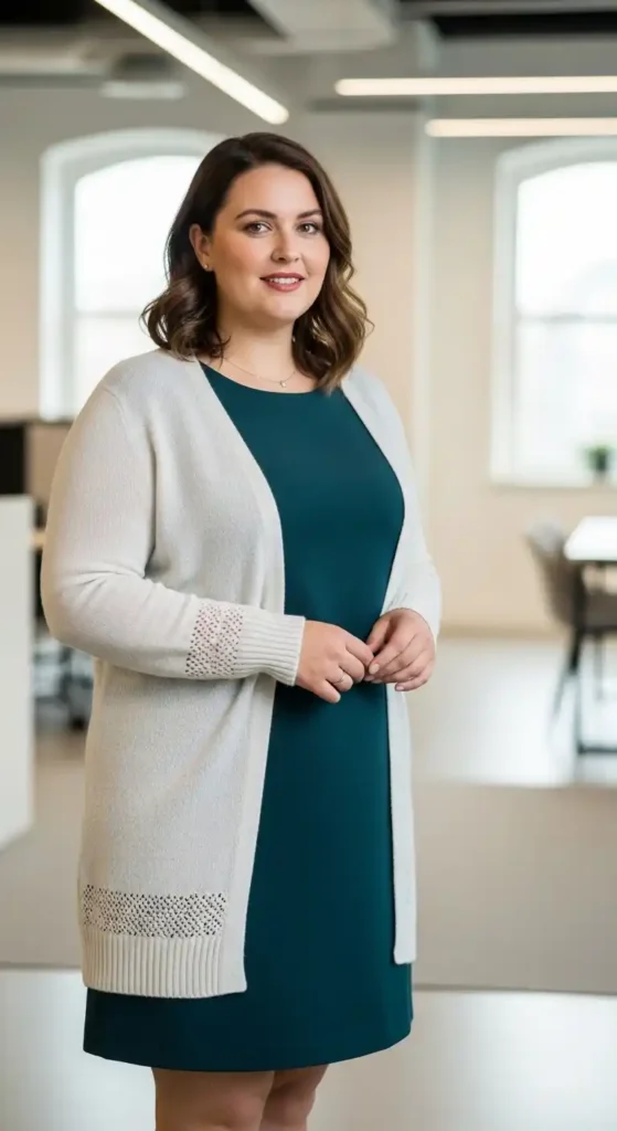 shift-dress-with-layered-cardigan