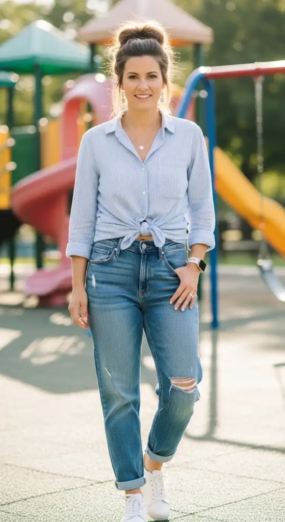 high-waist-mom-jeans-and-button-up-shirt