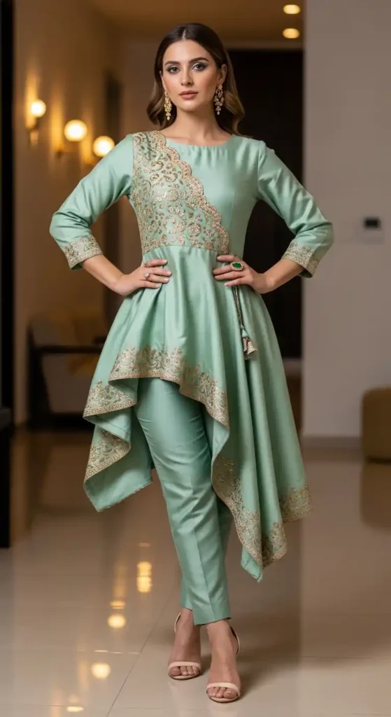 asymmetric-peplum-kurti-with-cigarette-pants
