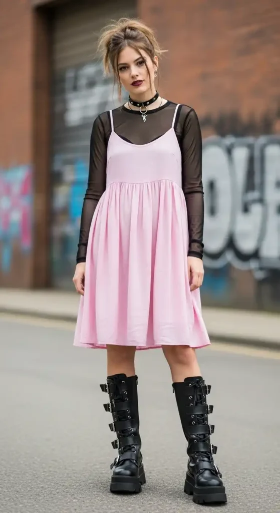layer-the-babydoll-dress-with-edgy-boots